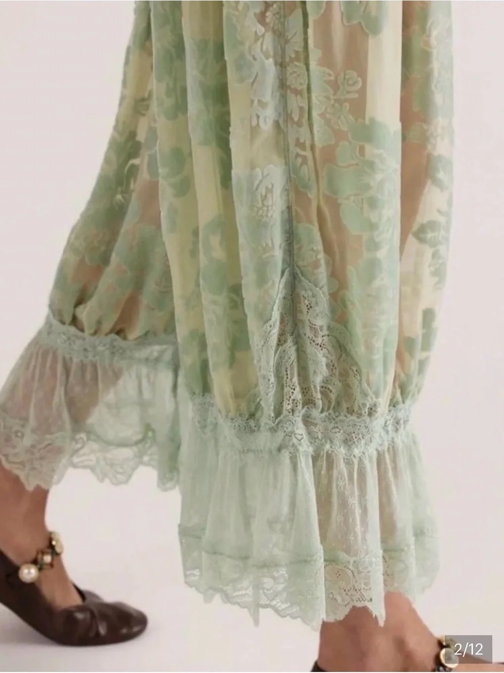 Free People Sheer Sage Green Floral Lace Wide-Leg Pants